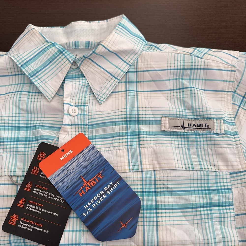 Habit Fishing Shirt Short Sleeve Plaid White Blue Vented Men's Size S NWT - Picture 7 of 10